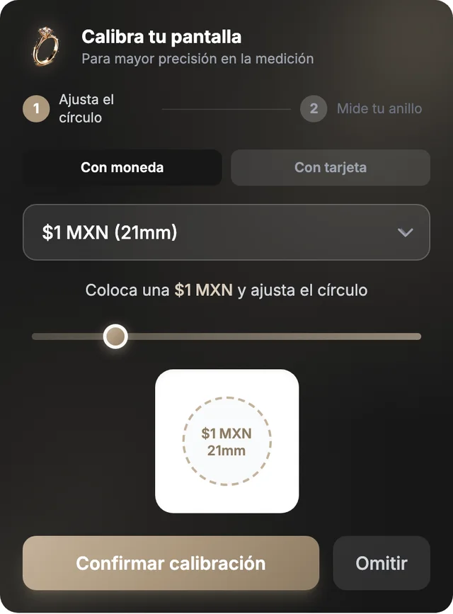 Calibración del medidor de anillo con una moneda de $1 MXN o una tarjeta bancaria