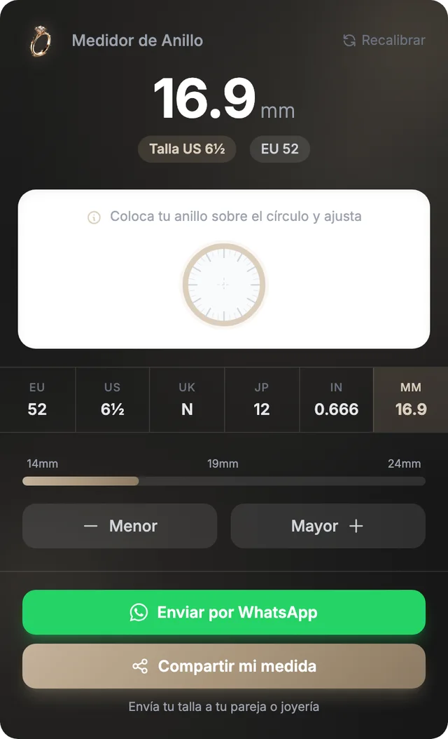 Medición de talla de anillo en pantalla con equivalencias US, EU, UK y milímetros