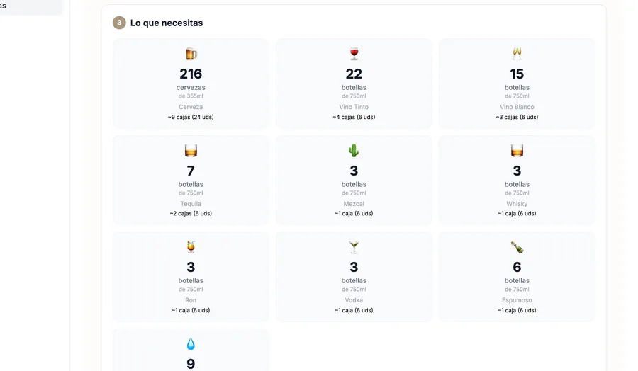 Resultados reales: botellas y cajas exactas por bebida