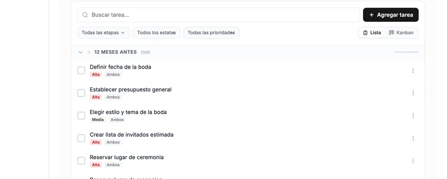Tareas reales con prioridades y filtros por etapa