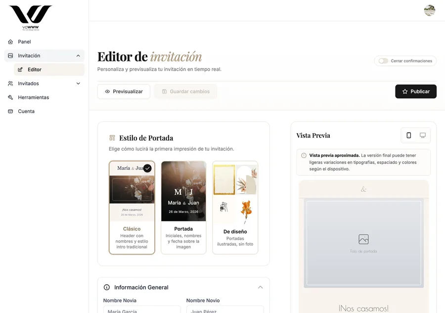 Editor real de vowww: estilo de portada y vista previa en vivo