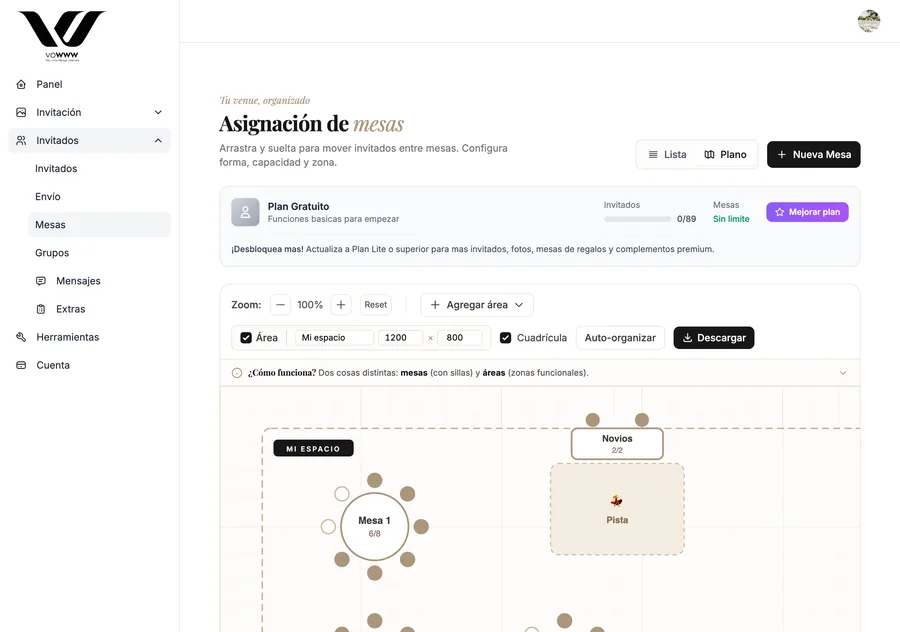 Editor de plano real: mesas con sillas, áreas y zoom