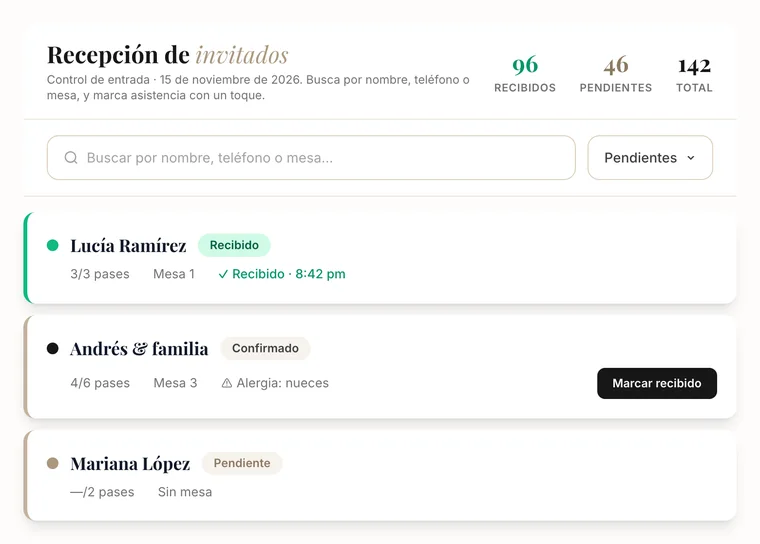 Panel de recepción de invitados: recibidos, pendientes y marcar asistencia con un toque