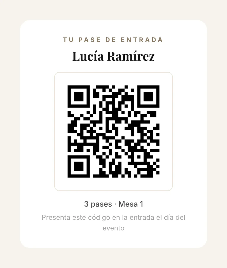 Pase de entrada con código QR que recibe cada invitado al confirmar asistencia